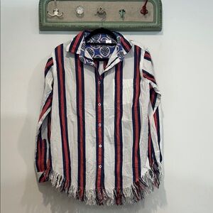 Tizzie Striped Button Down Shirt with Fringe Hem large women’s
